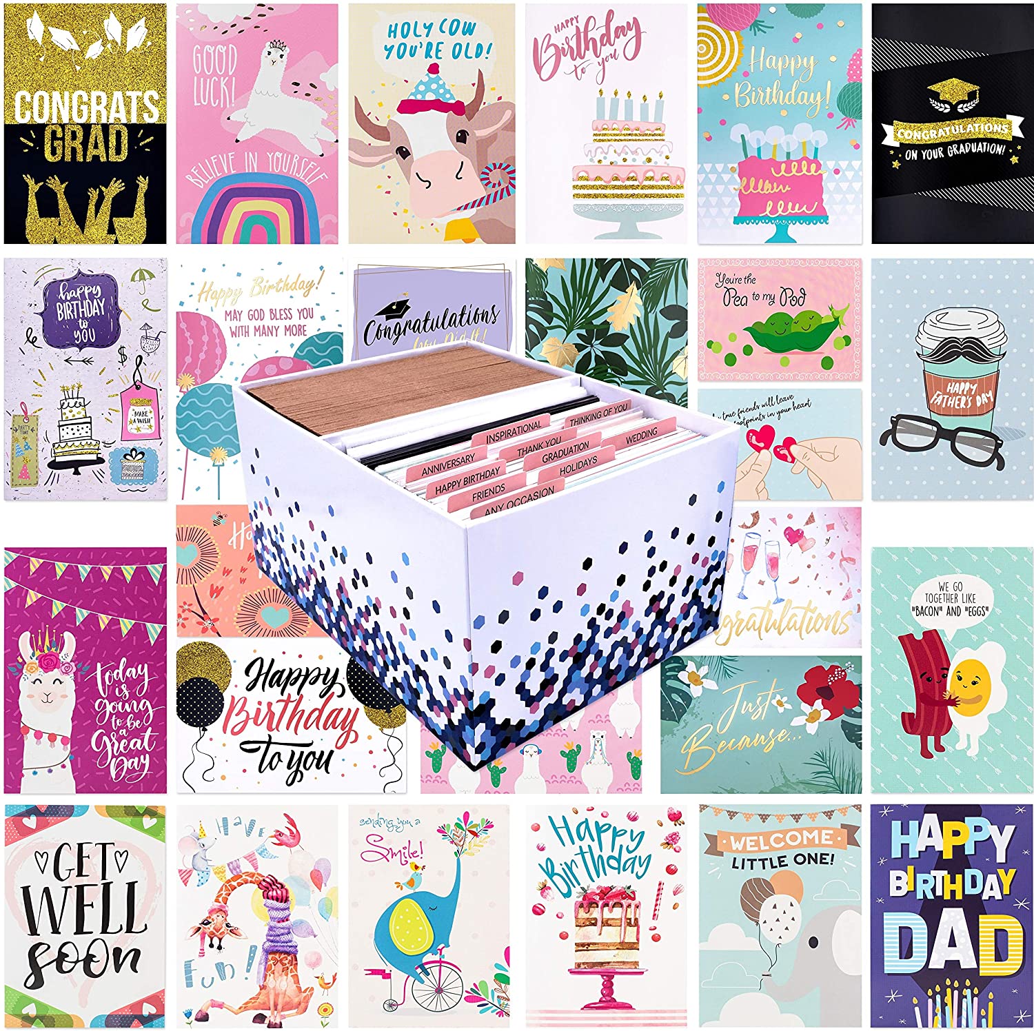 100 All Occasion Greeting Cards- 100 Eye Catching Designs with Greeting Card Organizer Box- Friendship Cards, Anniversary Cards, BFF Cards, Thanks Cards, Wedding Cards & More- 4 x 6 with 100 Envelopes